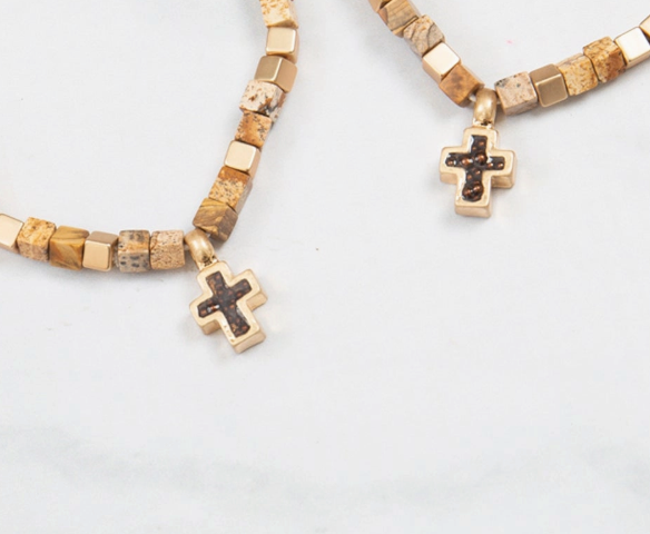 Religious Charm Cross Necklace - Natural Stone Cubic Bead: Grey Jasper