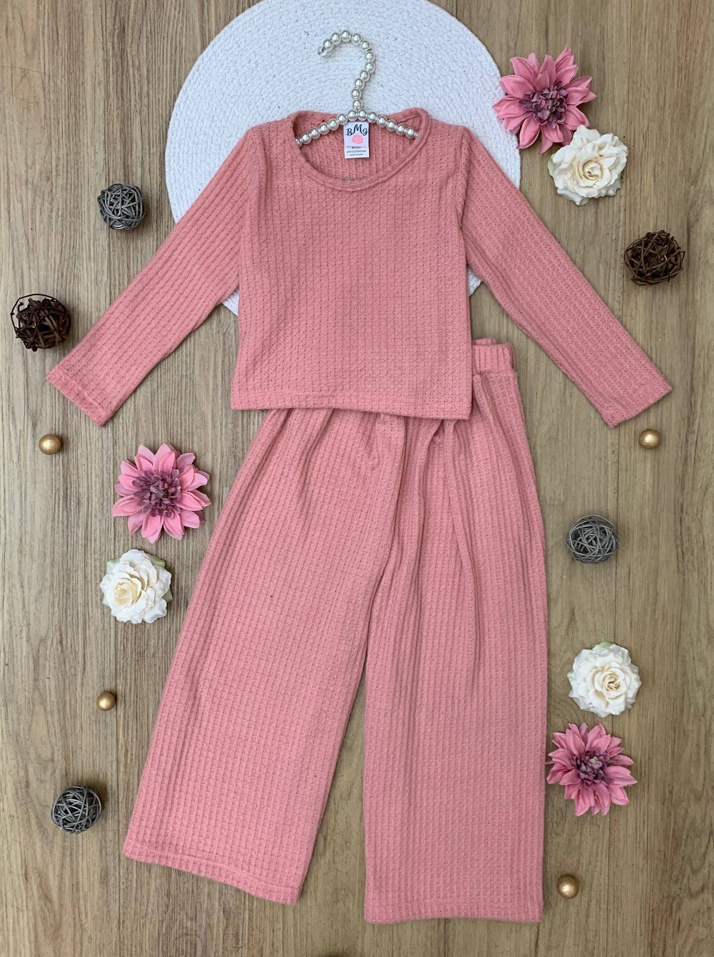 Mommy and Me Chic Pink Waffle Knit Pant Set: Pink