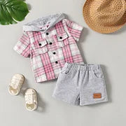 Pink plaid top with Grey shorts
