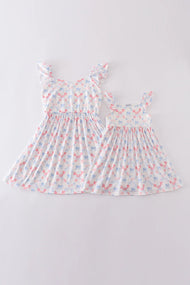 Mommy and Me Blue bow lattice print