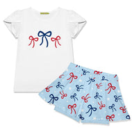 Girls White Tulip-Sleeve Top & Bows Skort
