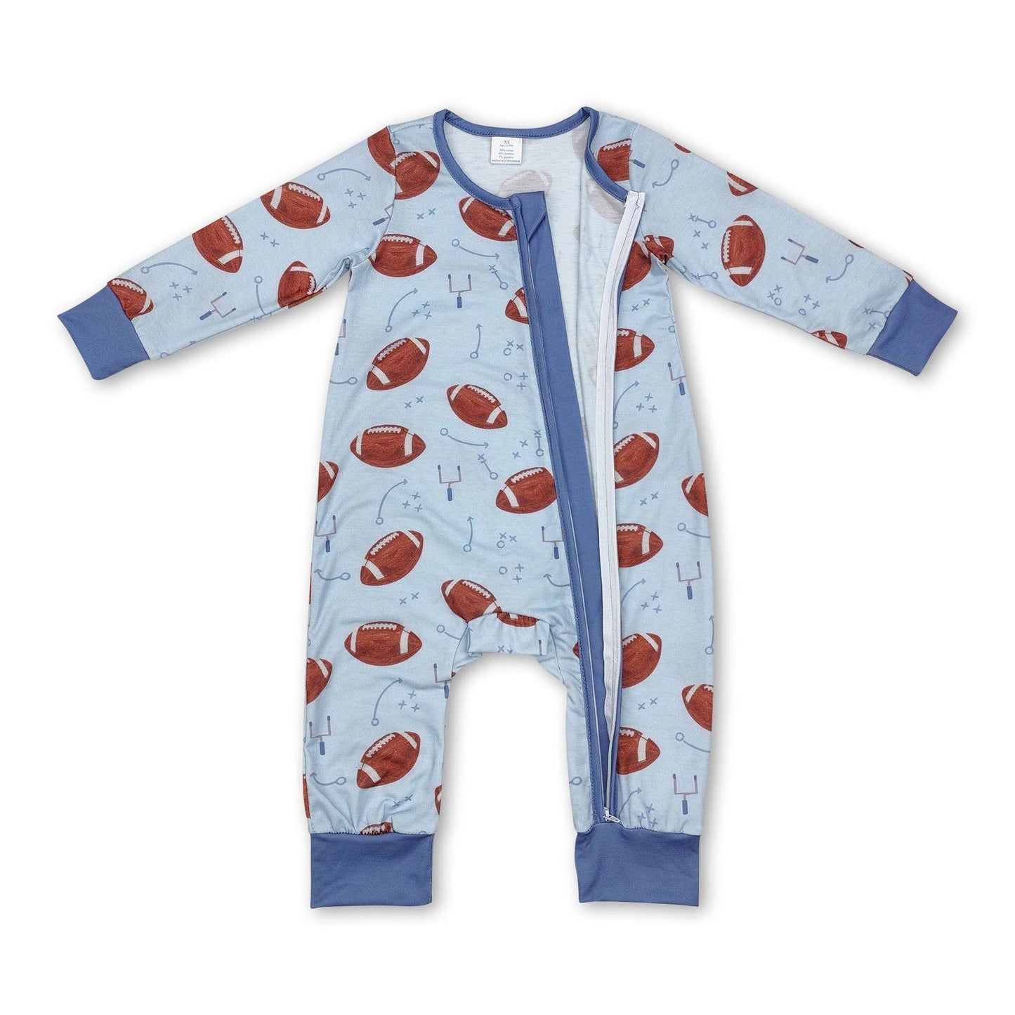Light blue football long sleeves boy bamboo zipper romper