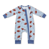 Light blue football long sleeves boy bamboo zipper romper
