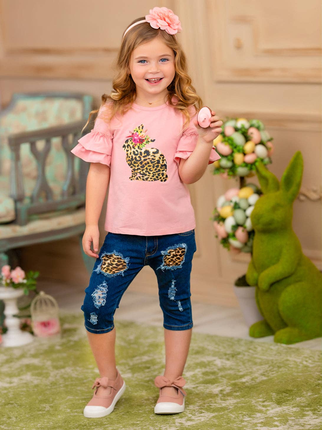 Some Bunny Loves Leopard Patched Denim Capris Set