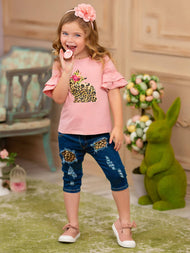 Some Bunny Loves Leopard Patched Denim Capris Set