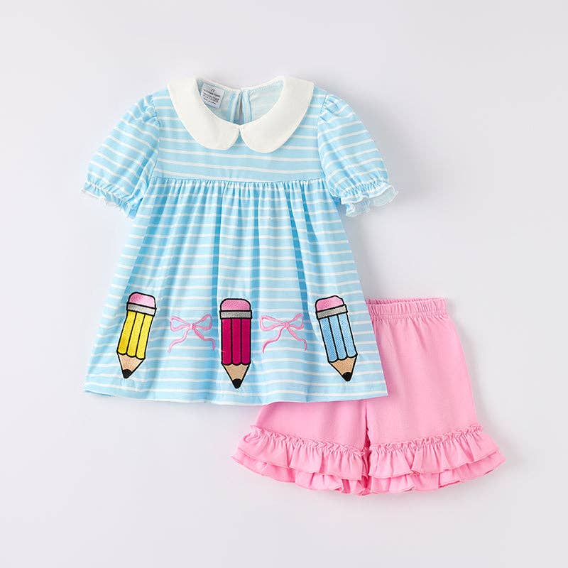 Girls Back To School Blue Stripes Pencil Embroidered Short Set