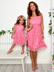 Mommy & Me Spring Pink Dress w/ Crochet Overlay
