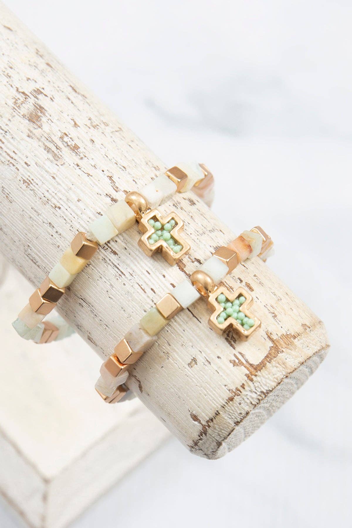 Mommy & Me Cross Bracelets Religious Natural Stone Bead Set: Brown Jasper