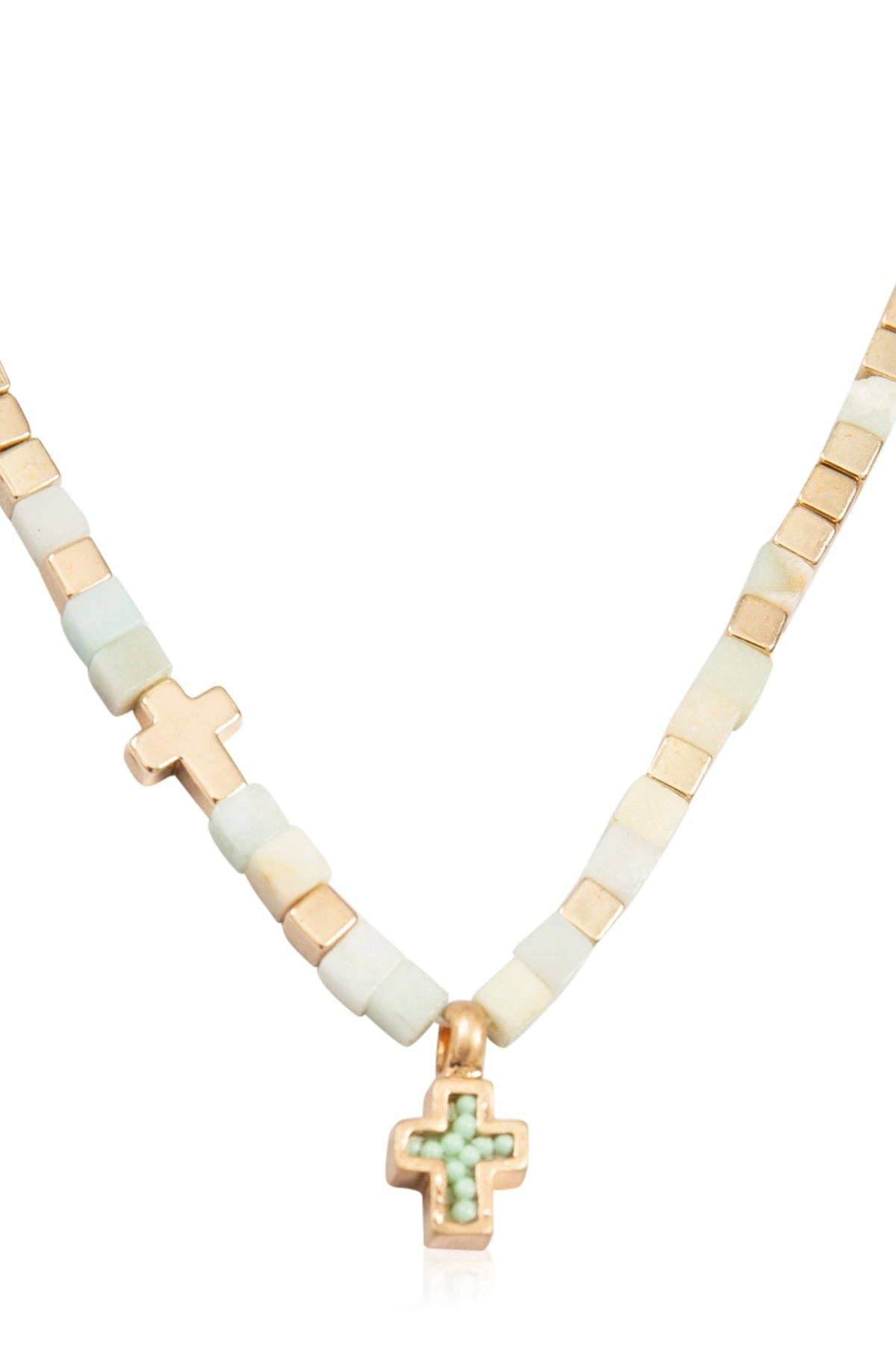 Religious Charm Cross Necklace - Natural Stone Cubic Bead: Grey Jasper