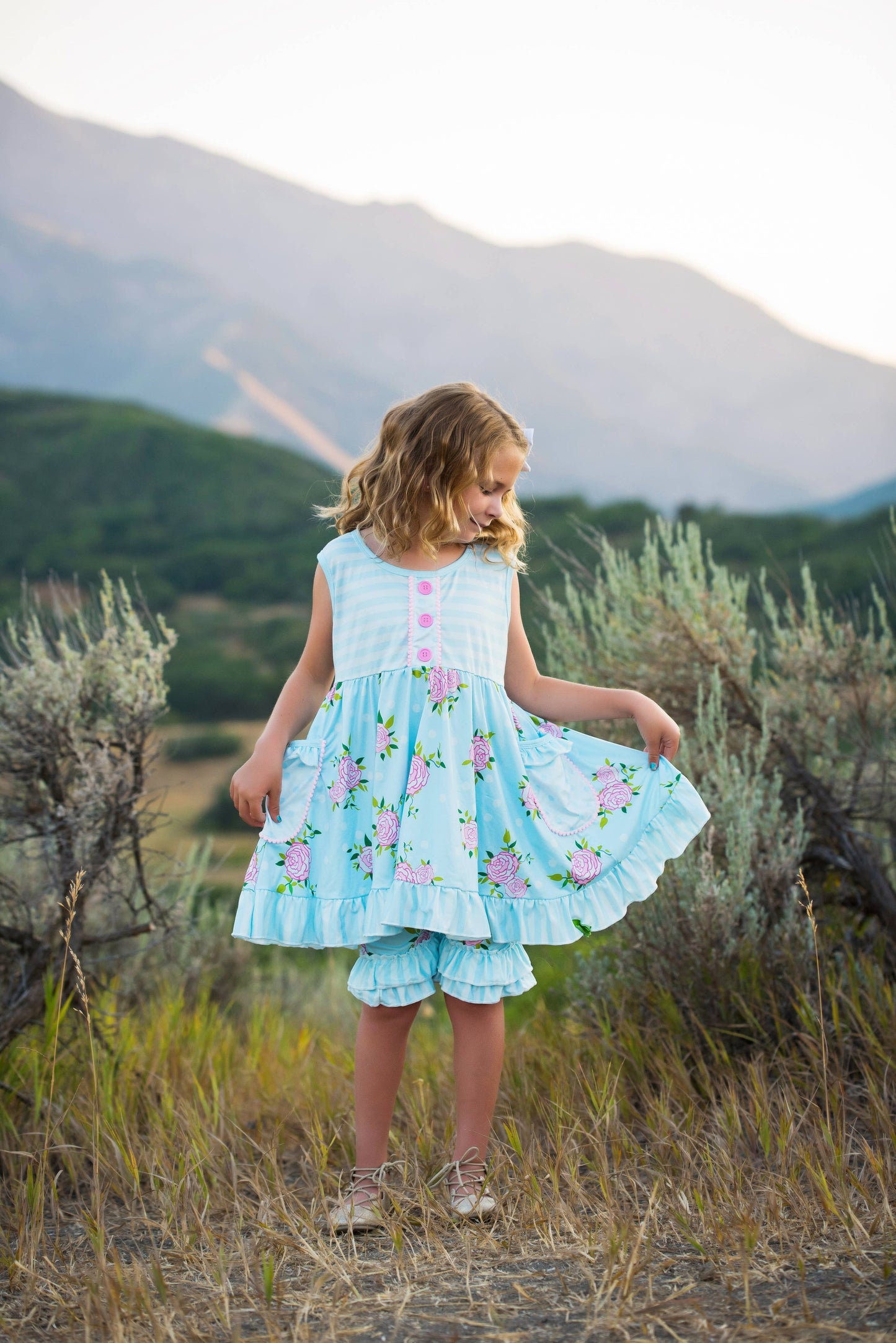 Girls Light Blue Pink Flower Stripe Ruffle Pocket Short Set