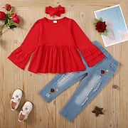 Toddler Girls 2 PCS Floral Embroidered Cotton Jeans and Bell Sleeves Tee Set
