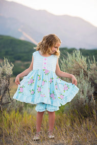 Girls Light Blue Pink Flower Stripe Ruffle Pocket Short Set