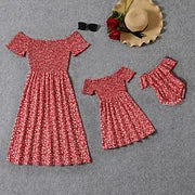 Mommy and Me All Over Red Floral Print Off Shoulder Short-sleeve Shirred Dress