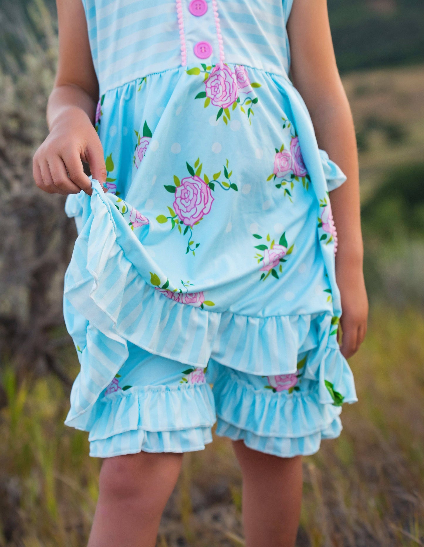 Girls Light Blue Pink Flower Stripe Ruffle Pocket Short Set
