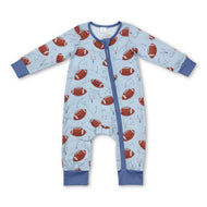 Light blue football long sleeves boy bamboo zipper romper
