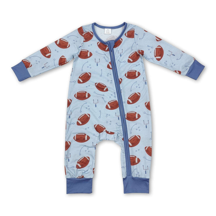 Light blue football long sleeves boy bamboo zipper romper
