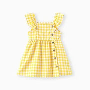 Toddler Girl Button Design Lemon Print/Plaid Flutter Sleeve Dress