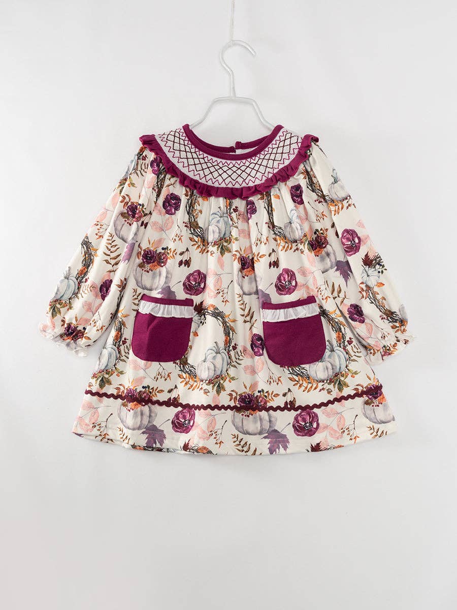 Purple Floral Pumpkin Pocket Girl Smocked Dress