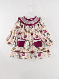 Purple Floral Pumpkin Pocket Girl Smocked Dress