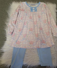 Blue and Pink Floral and Ribbon Print Pant Set