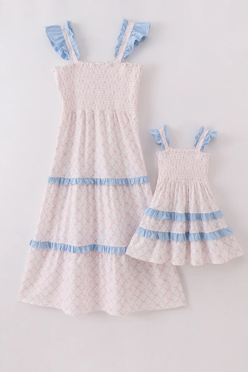 Mommy and Me Pink bow smocked  tiered dress