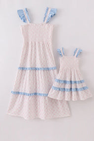 Mommy and Me Pink bow smocked  tiered dress