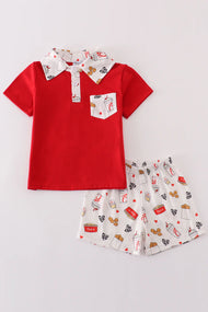 Mommy and Me Red the lord's chicken print boy set