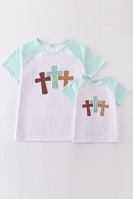 Mommy and Me White cross he is risen glitter embroidery