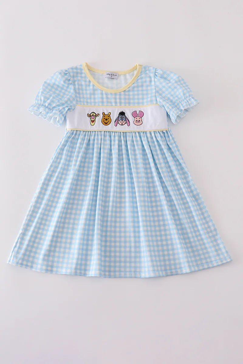 Blue character embroidery gingham dress