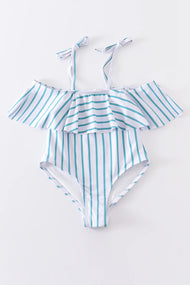 Blue stripe strap girl swimsuit one piece