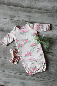 Floral Print Gown with Matching Hair Bow