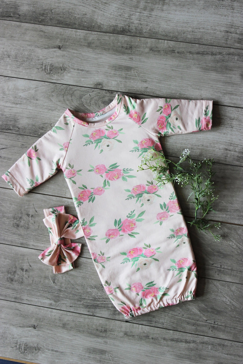 Floral Print Gown with Matching Hair Bow