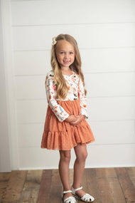 Kids Rust Floral Print Swiss Dot Tulle Fall Autumn Dress