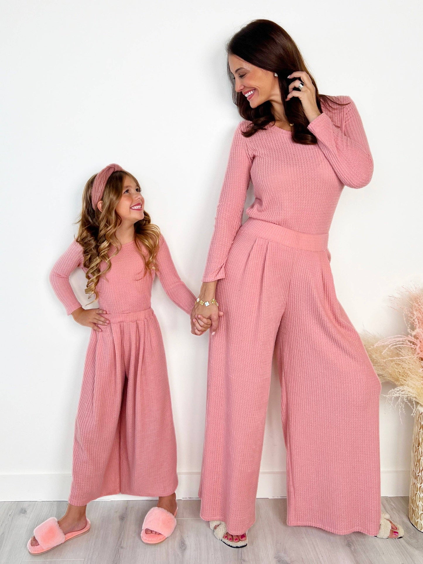 Mommy and Me Chic Pink Waffle Knit Pant Set: Pink