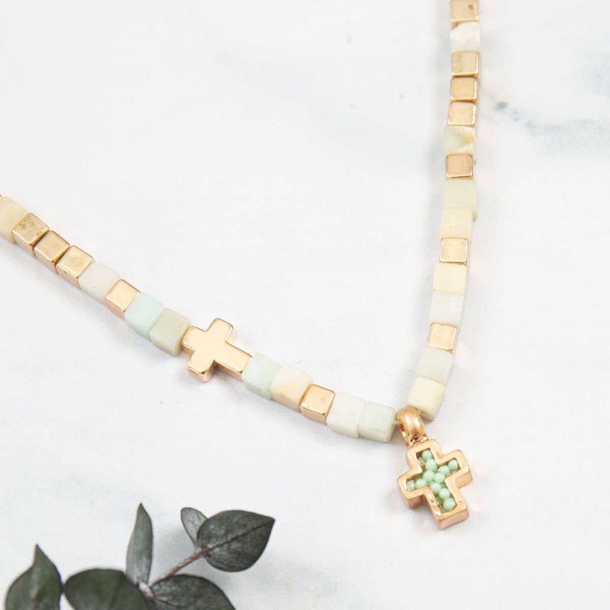 Religious Charm Cross Necklace - Natural Stone Cubic Bead: Grey Jasper