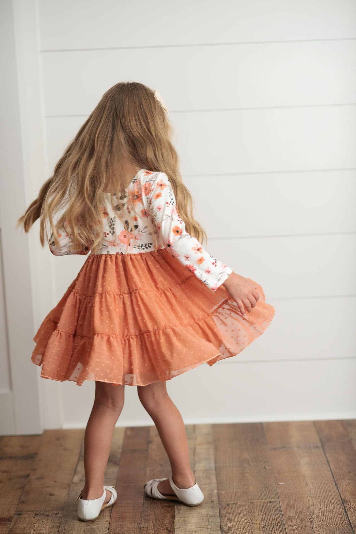 Kids Rust Floral Print Swiss Dot Tulle Fall Autumn Dress