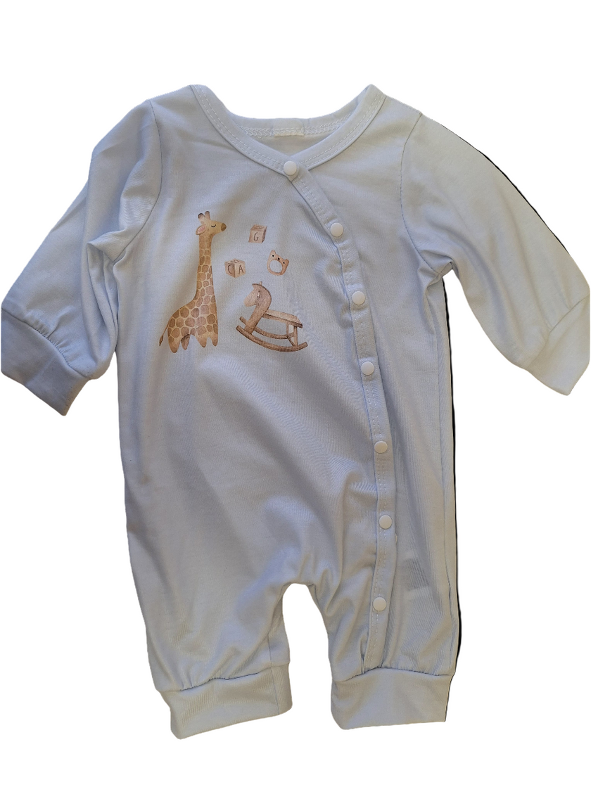 White Romper with Embroidered Rocking Horse and Giraffe