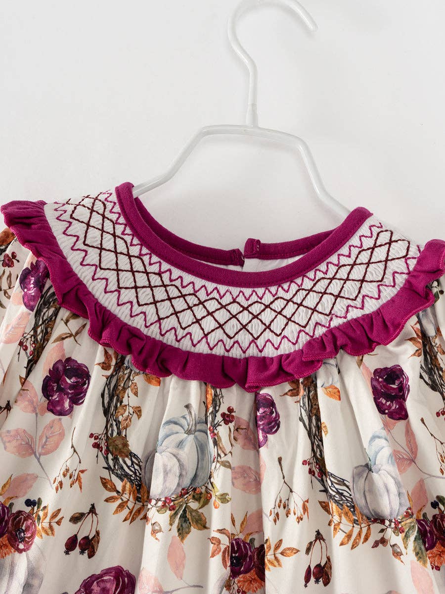 Purple Floral Pumpkin Pocket Girl Smocked Dress