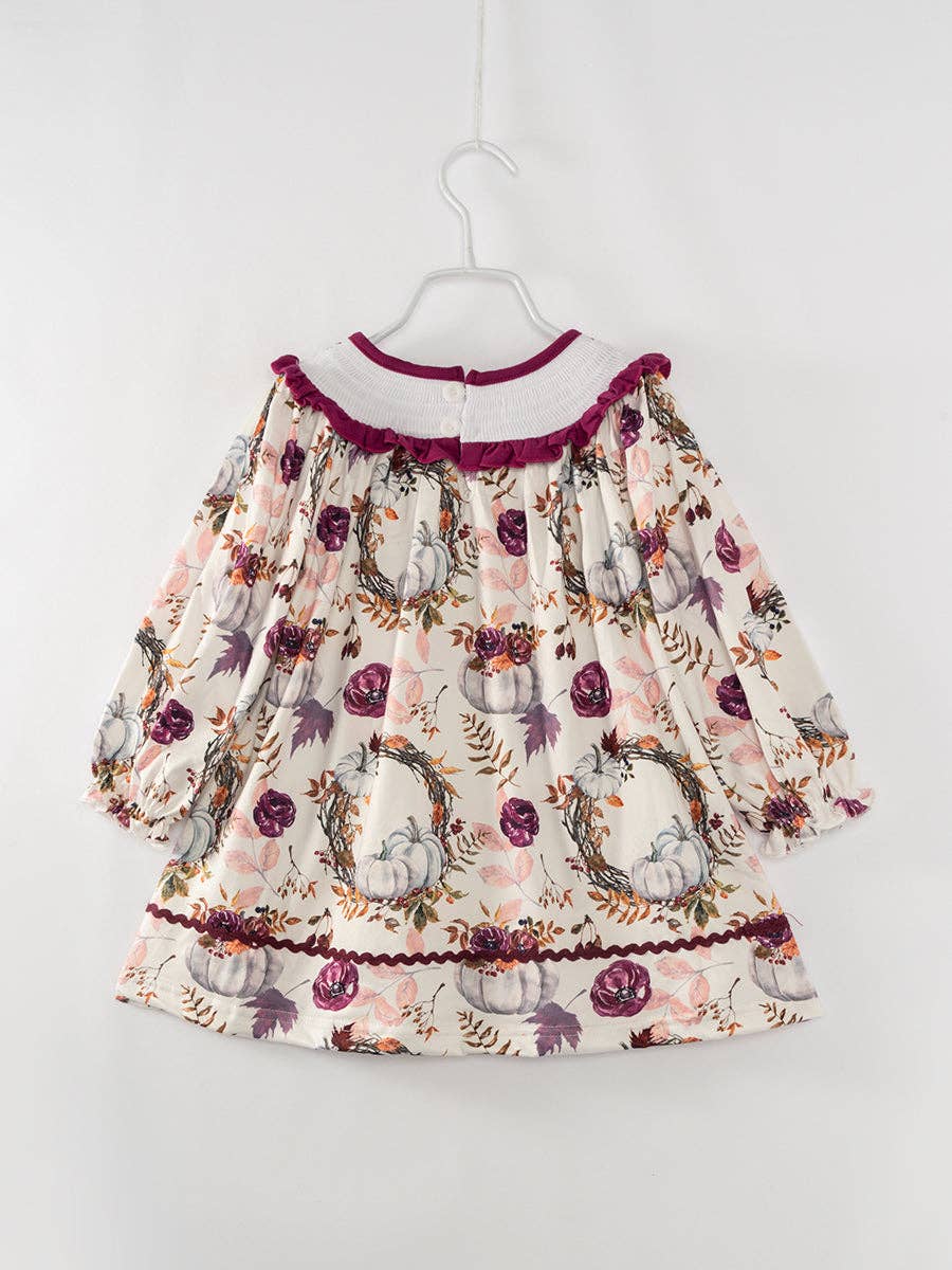 Purple Floral Pumpkin Pocket Girl Smocked Dress
