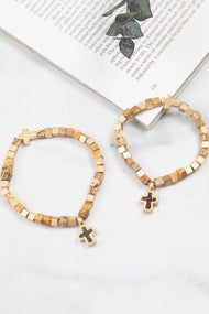 Mommy & Me Cross Bracelets Religious Natural Stone Bead Set: Brown Jasper