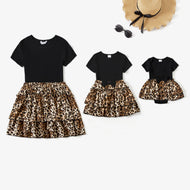 Mommy and Me Ribbed Black Top & Leopard Print Pleated Skirt: Black