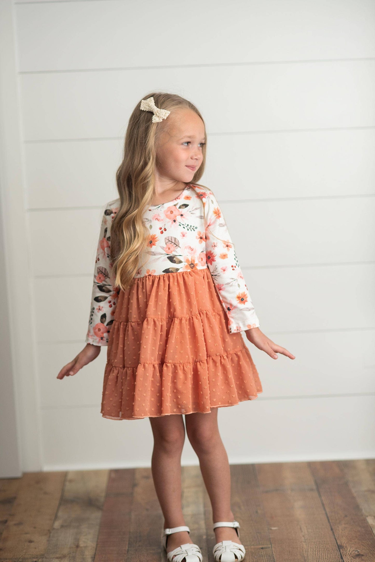 Kids Rust Floral Print Swiss Dot Tulle Fall Autumn Dress