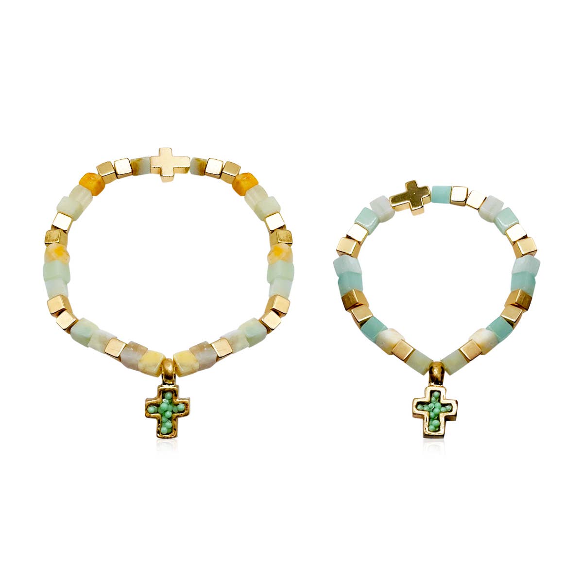Mommy & Me Cross Bracelets Religious Natural Stone Bead Set: Brown Jasper
