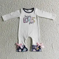 White Long Sleeve Romper with Flared Ruffle Legs with Jesus Loves Me Embroidered
