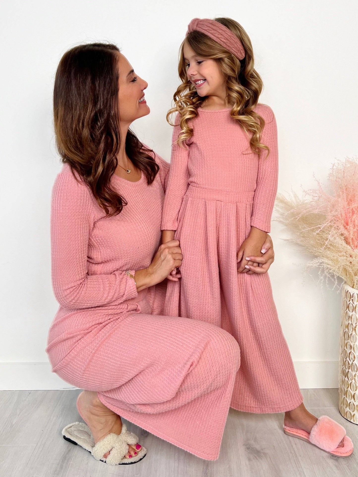 Mommy and Me Chic Pink Waffle Knit Pant Set: Pink