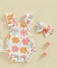 Multicolored Flower Romper with Matching Bow