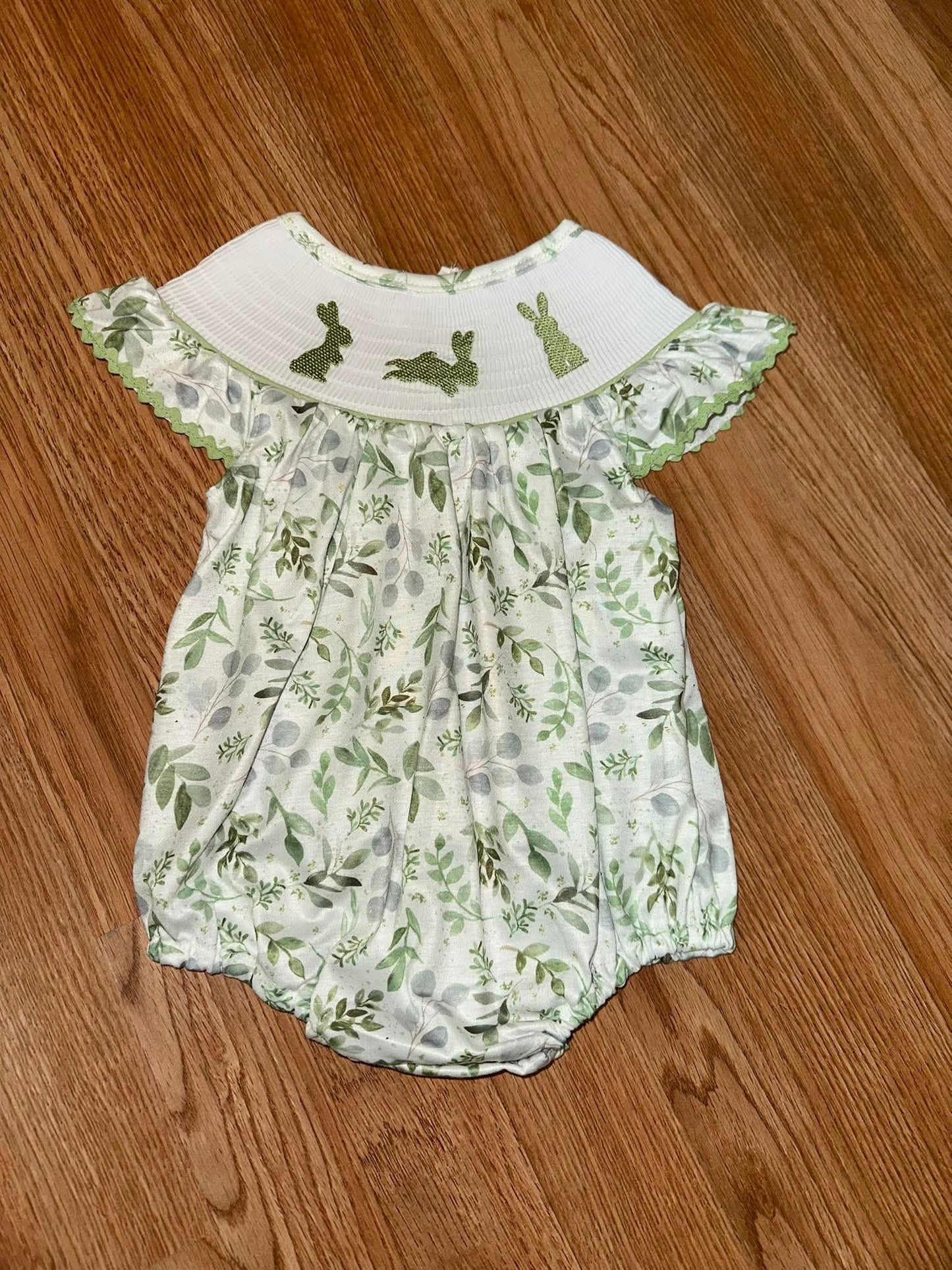 Green Floral Print Romper with Embroidered Bunnies
