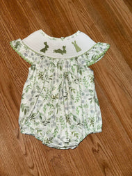 Green Floral Print Romper with Embroidered Bunnies