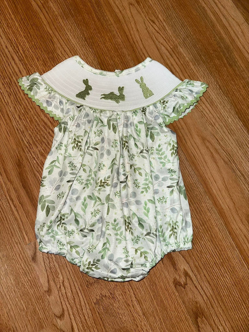 Green Floral Print Romper with Embroidered Bunnies