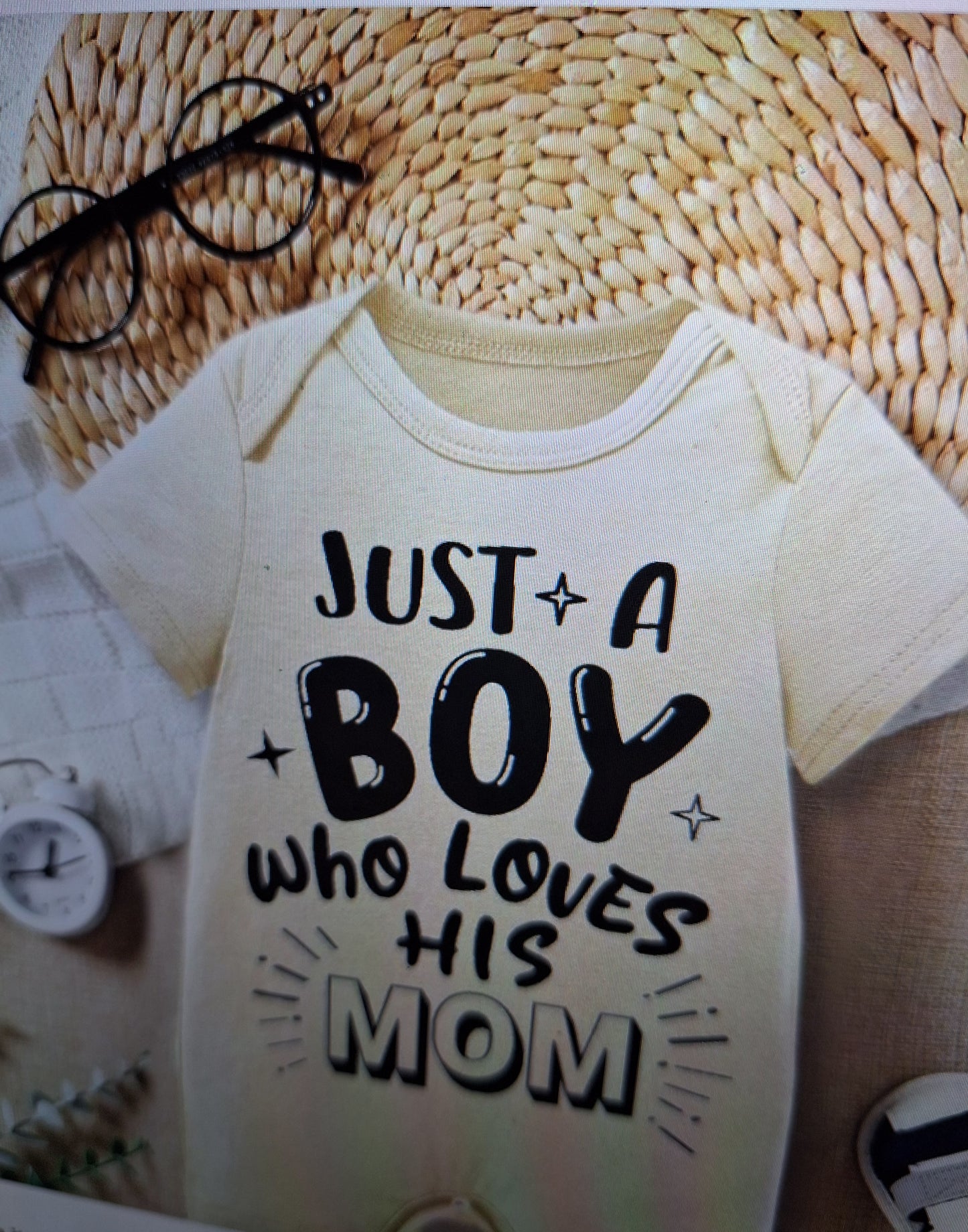 Tan Romper with "Just a Boy Who Loves His Mom"